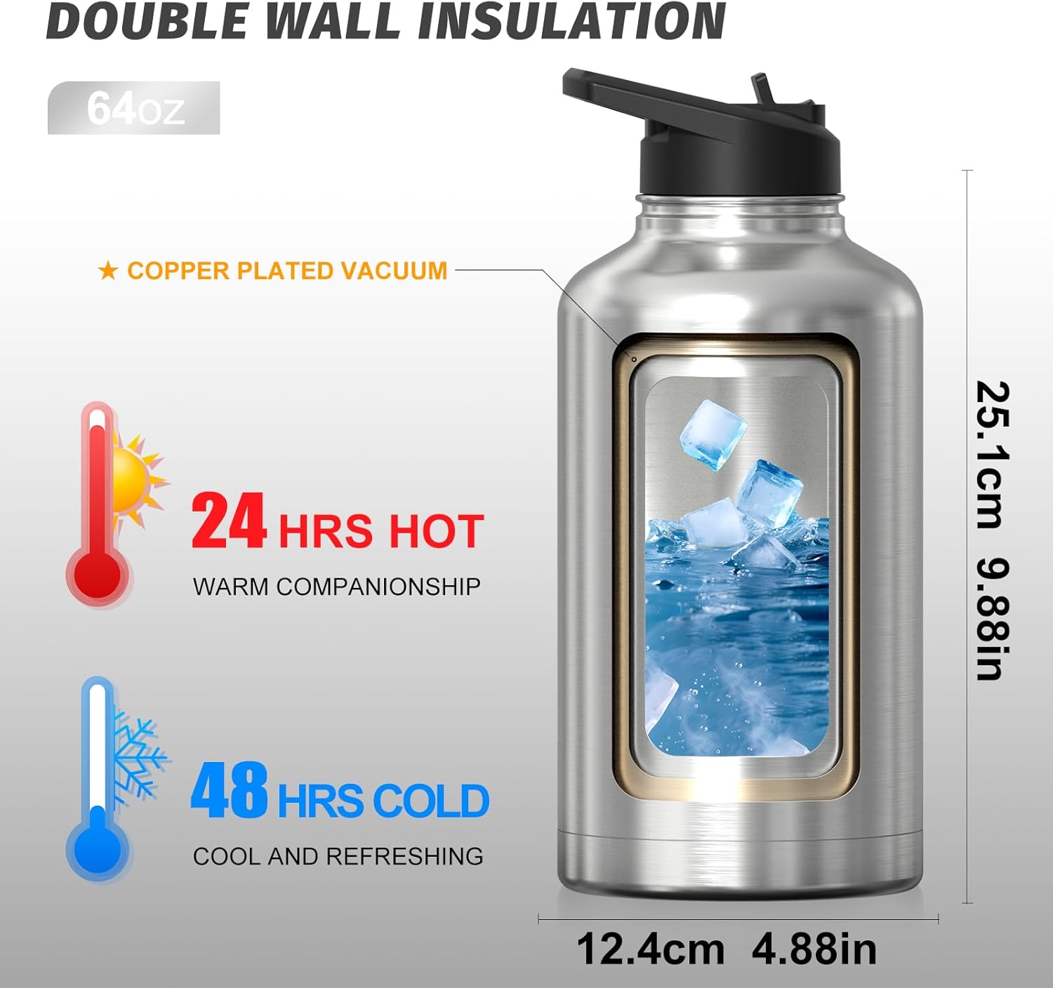 Stainless Steel Vacuum Insulated Water Bottle 64oz, Drink Flask Metal Water Bottles 1890ml with 2 Lids Leakproof (Straw Lid and Spout Lid) Keep 24 Hours Cold Drinks for Sport, Work, Travel
