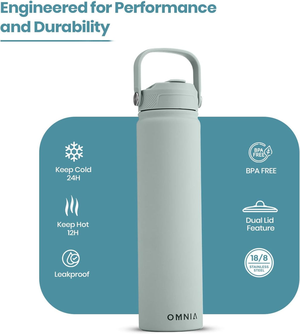 OMNIA Vacuum Insulated Stainless Steel Water Bottle, 2 Lids (Straw & Spout) Leakproof, BPA-Free, Reusable Flask, Hot & Cold Thermos for Sports, Gym, Travel, Outdoors (Cool Green, 750ML)