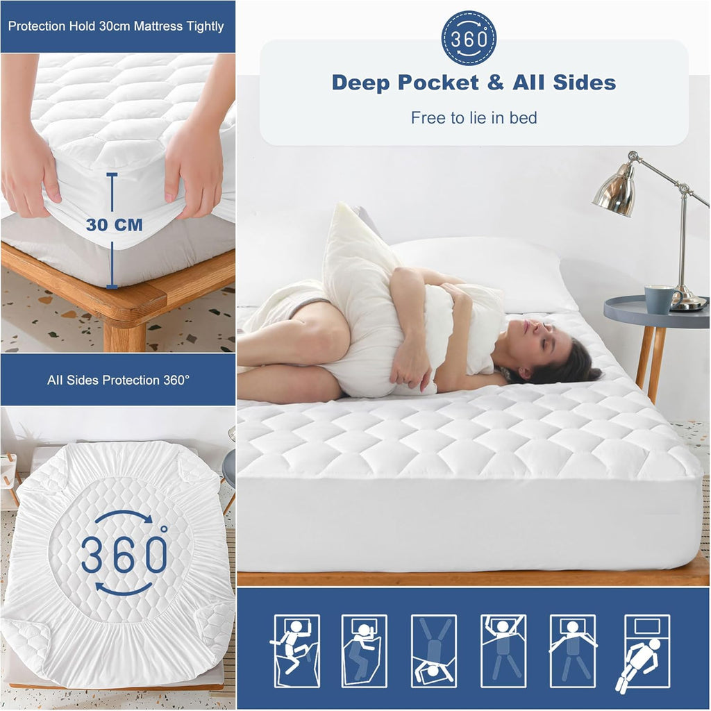 GRT Waterproof Mattress Protector Double Bed, 30cm Extra Deep Skirt, Breathable Noiseless Quilted Mattress Cover, Super Absorbent Dust Proof Mattress Protector (Double - 137 x 190cm)