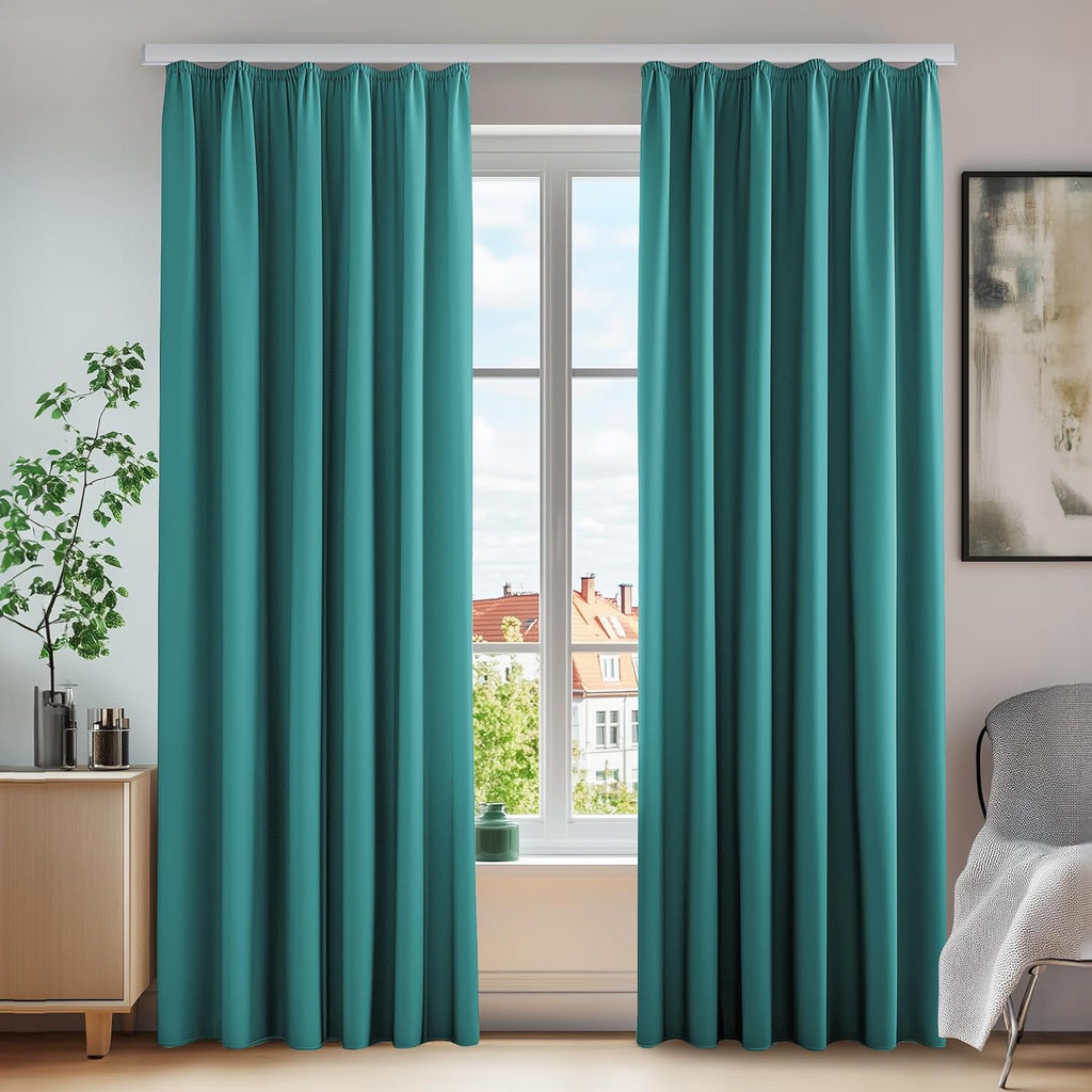 Thermal Insulated Tape Top Curtains, Pencil Pleat Blackout Curtains, 66 x 54 Inch, Turquoise, 2 Panels