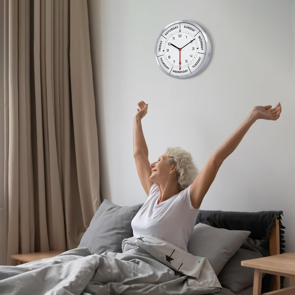Version 3.0 Metal Day of The Week Wall Clock for Seniors 12 Inch, Silent Non Ticking Modern Silver Wall Clocks for Living Room Decor Bedroom Home, Ideal Retirement Gift for Men & Women
