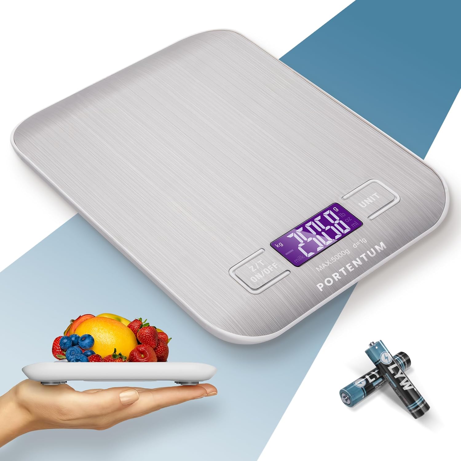 Digital Kitchen Scales 5kg/11lb with Large LCD Display, Food Scales with Large Stainless Steel Weighing Surface, Liquid Measurement, High Precision up to 1 g, Tare Function, Silver Main image