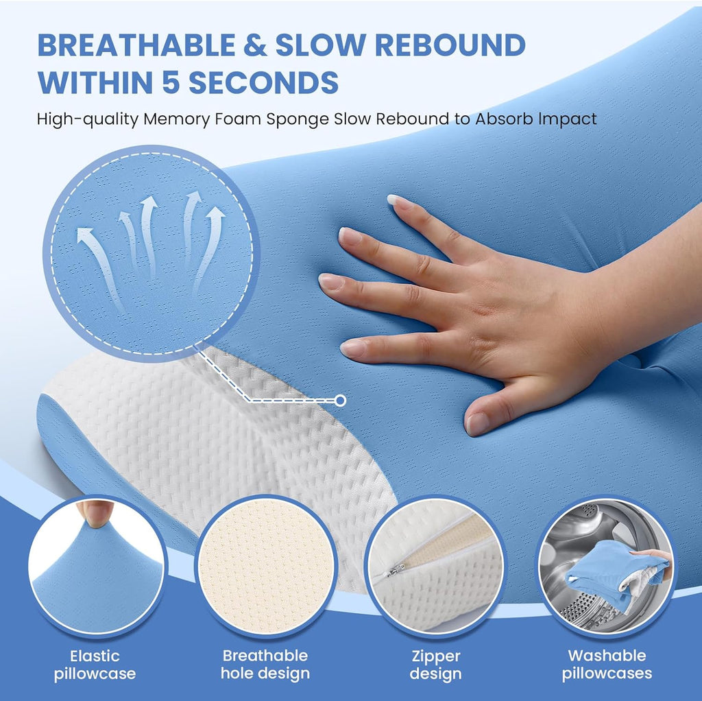 Memory Foam Pillow, Orthopedic Ergonomic Pillows for Neck and Shoulder Pain, Cervical Neck Support for Side/Back/Stomach Sleepers, with Cooling Washable Silk Pillowcase, Blue