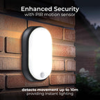 Eco Outdoor LED Bulkhead Light with PIR Motion Sensor, Decorative Exterior Lighting, Oval, Black, IP54, 10W, 700lm, 4000K, EBEO10P40