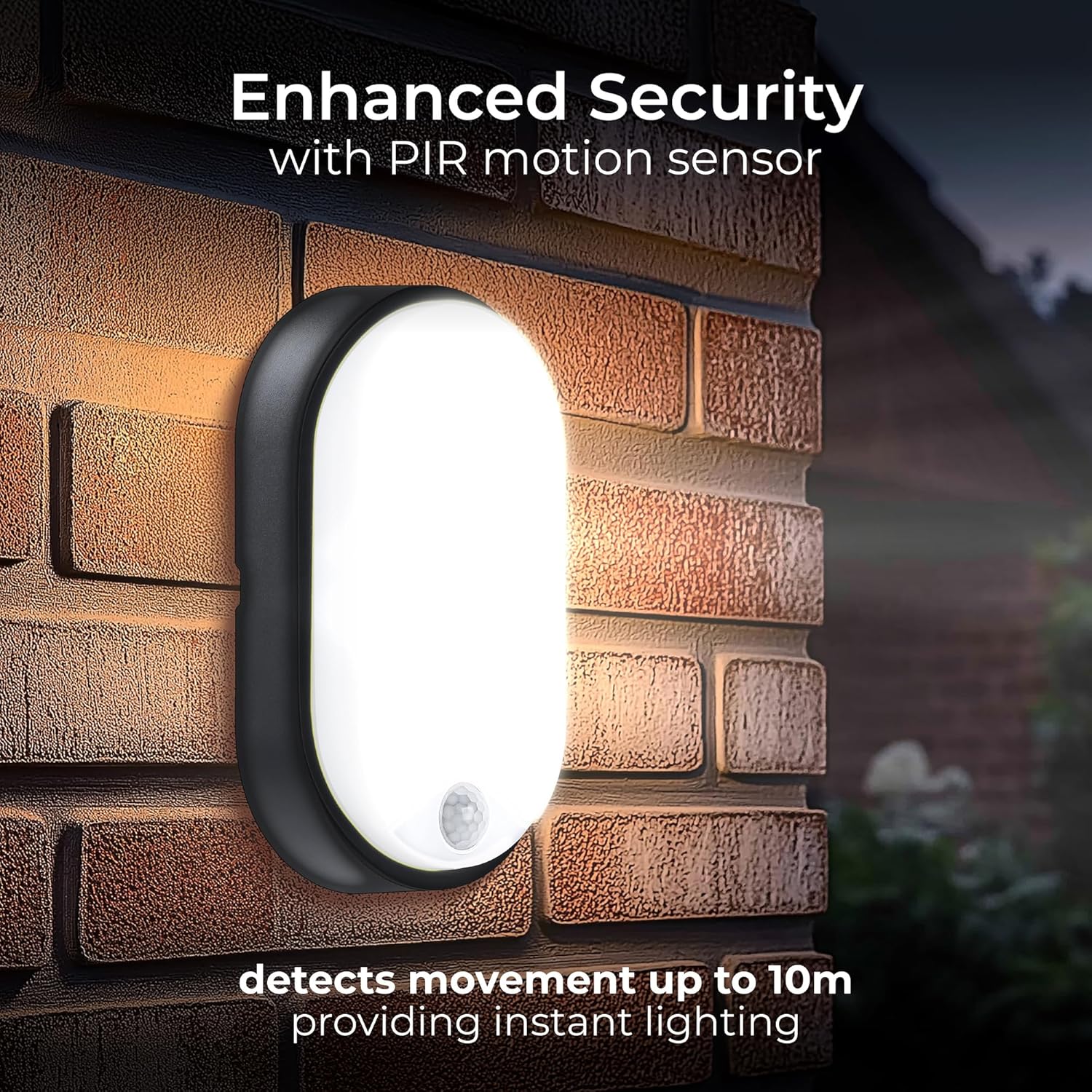 Eco Outdoor LED Bulkhead Light with PIR Motion Sensor, Decorative Exterior Lighting, Oval, Black, IP54, 10W, 700lm, 4000K, EBEO10P40