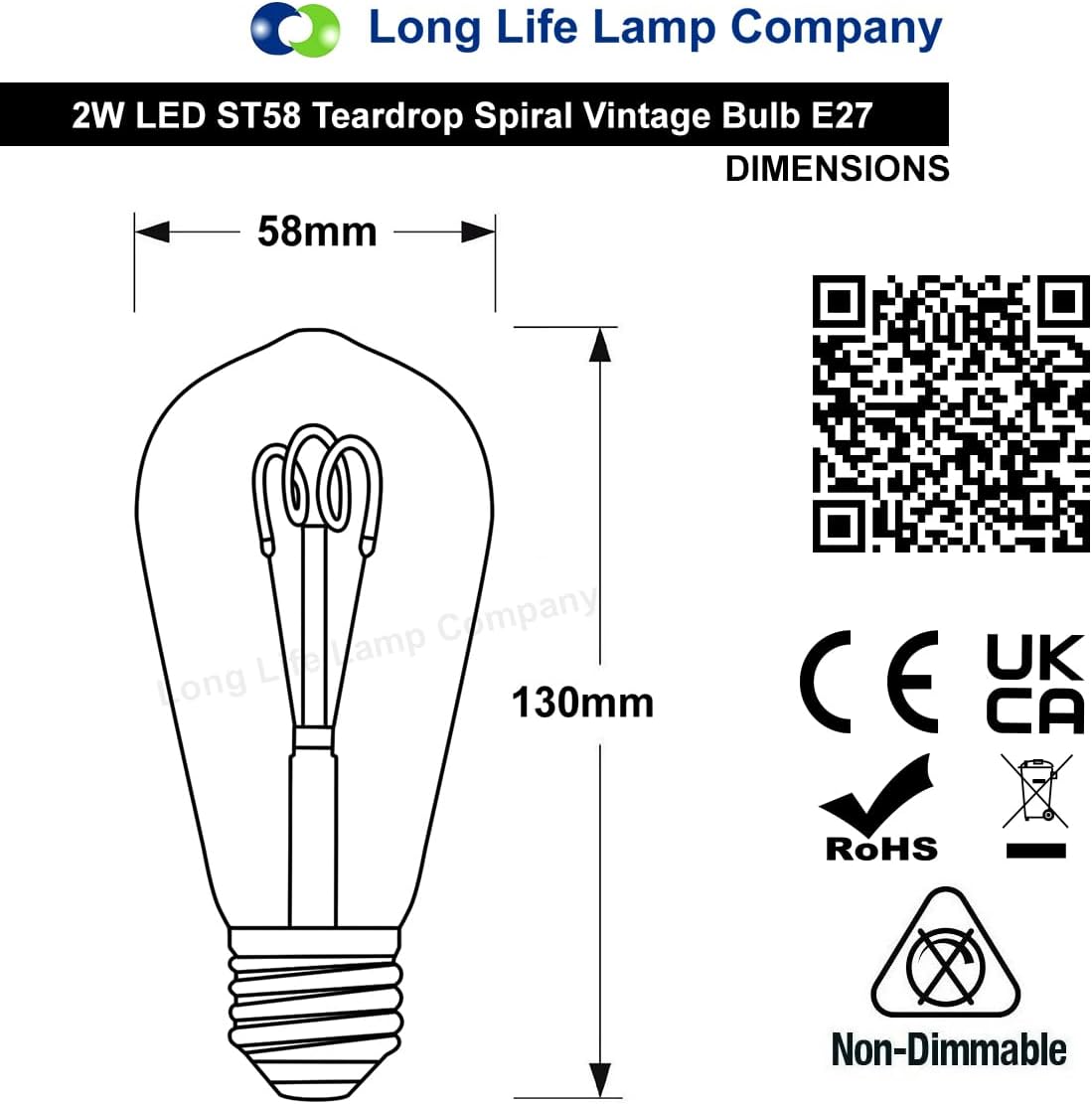 Long Life Lamp Company Edison Classics 2w Vintage LED Filament Bulb Teardrop Spiral ST58 Smoke Gold Glass E27 Edison Screw