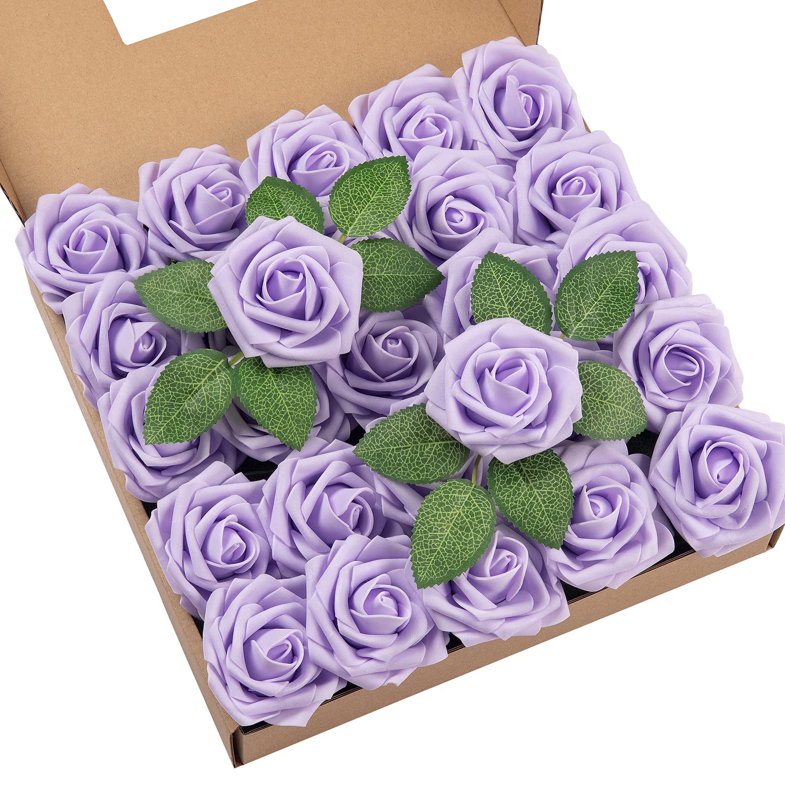DuHouse 25Pcs Artificial Roses Flowers Fake Rose with Stems Real Touch Foam Flower Head for DIY Wedding Bridal Bouquet Baby Shower Centerpiece Floral Arrangement Party Home Decor(Lilac) Main image