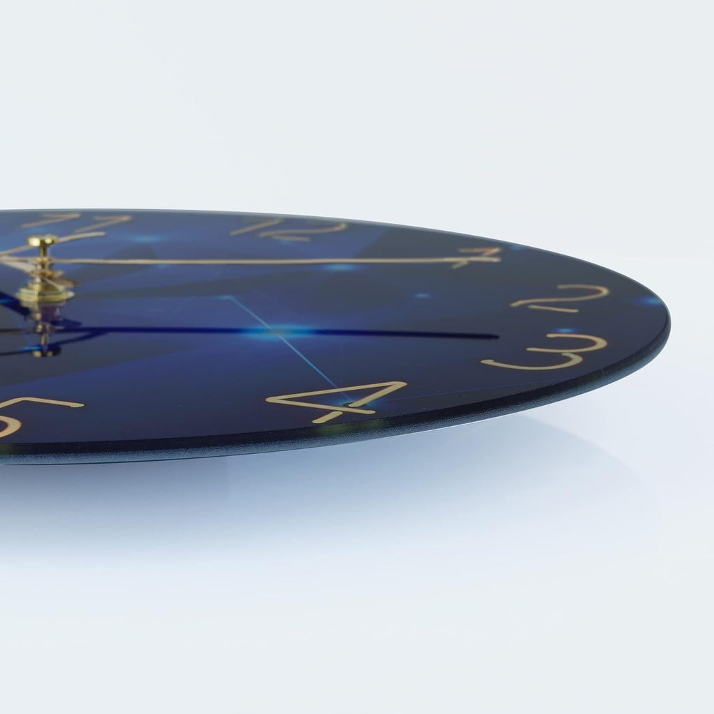 Glass Galaxy Wall Clock Blue, 12 Inch Silent Non-Ticking Battery Operated Modern Decorative Clocks for Living Room Kitchen Bedroom