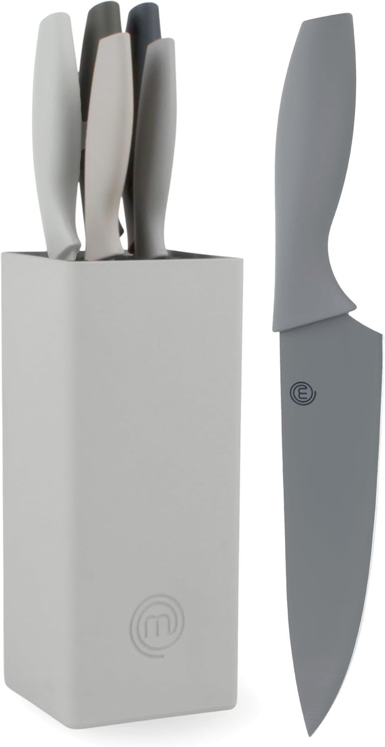 Knife Set with Block, 5 Kitchen Knives with Sharp Stainless Steel Blades (Chef, Paring, Utility, Carving, Bread) Soft Touch Easy Grip Handles & Universal Knife Holder, Earth Greys