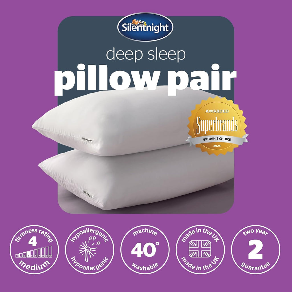 Deep Sleep Pillows 2 Pack – Medium Support Comfortable Hollowfibre Bed for Front, Back and Side Sleepers Machine Washable Hypoallergenic of Standard Size, White