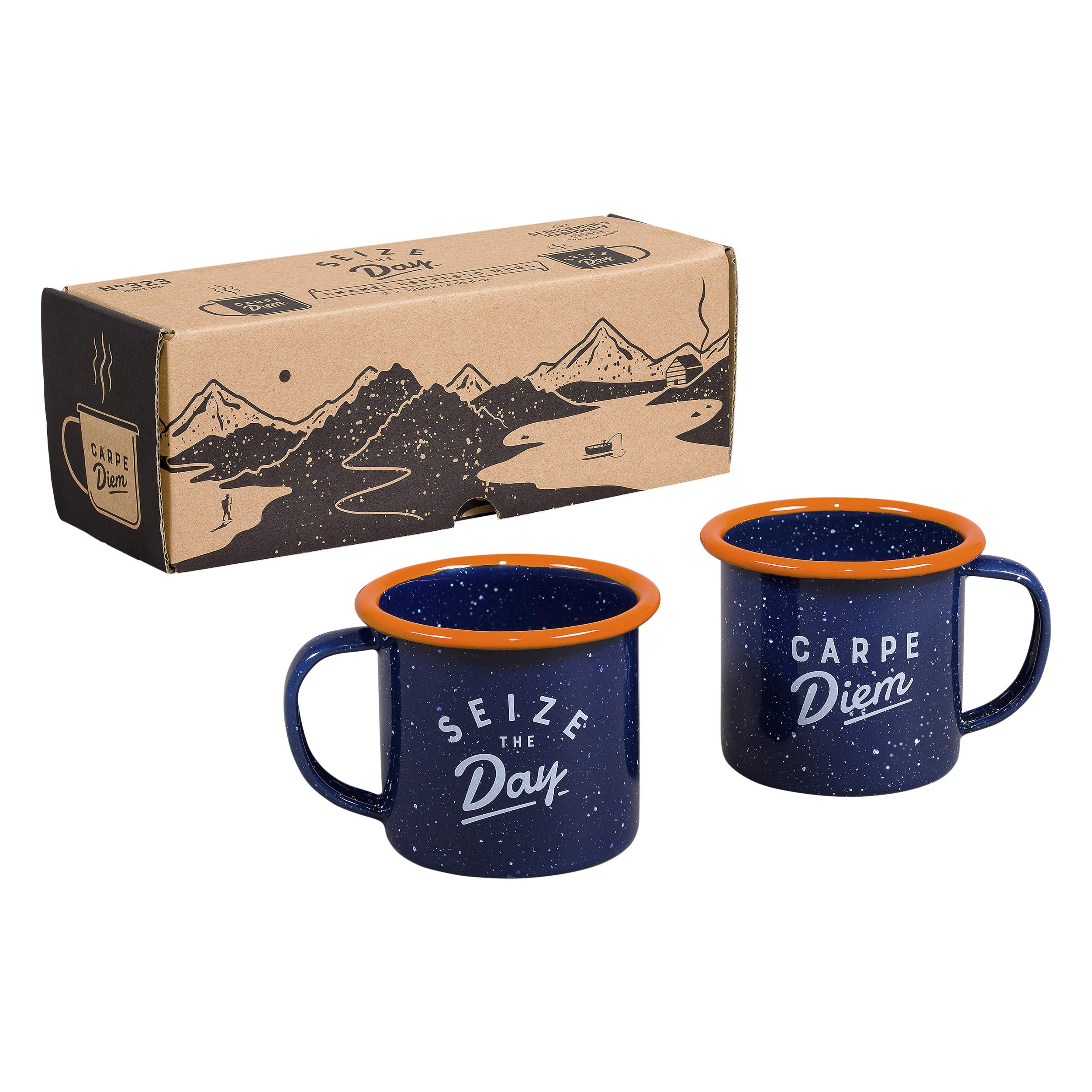 Set of Two Enamel Espresso Mugs, Product Size: 52 x 88 x 70mm, Colour: Navy/Orange, Reads ‘Seize The Day’ and ‘Carpe Diem’, GEN323. Main image