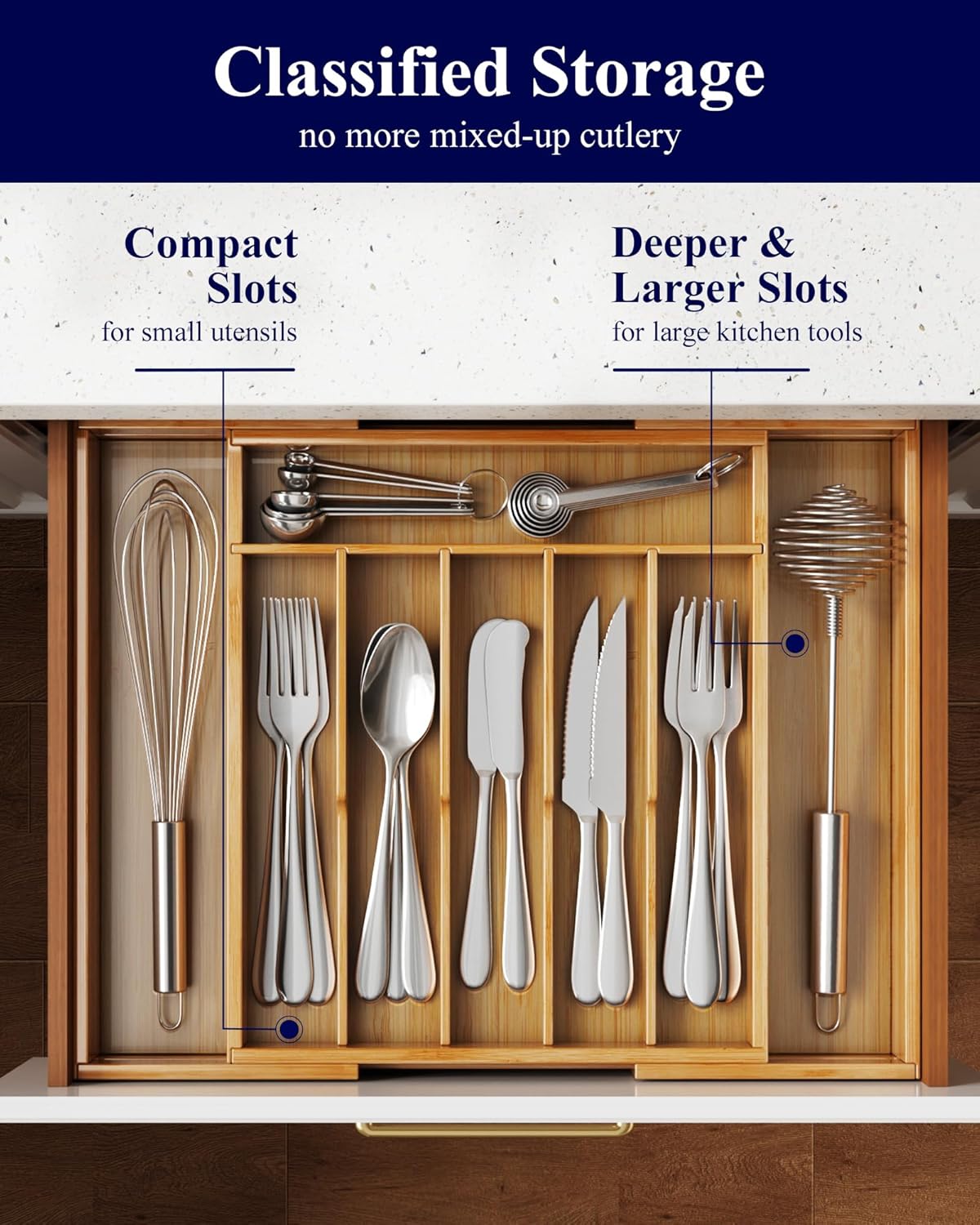 Kitsure Silverware Organizer - Expandable Bamboo Kitchen Drawer Organizer, Adjustable Cutlery Tray for Kitchen Storage & Organisation, 33.6 x 4.5 x 29.0-47.0 cm