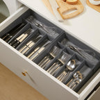 5-Compartment Cutlery Drawer Organiser, Plastic Cutlery Tray for Kitchen Utensil Storage, BPA Free & Non-Slip, Drawer Organiser with Dedicated Sections for Spoons, Forks, Knives(Grey)
