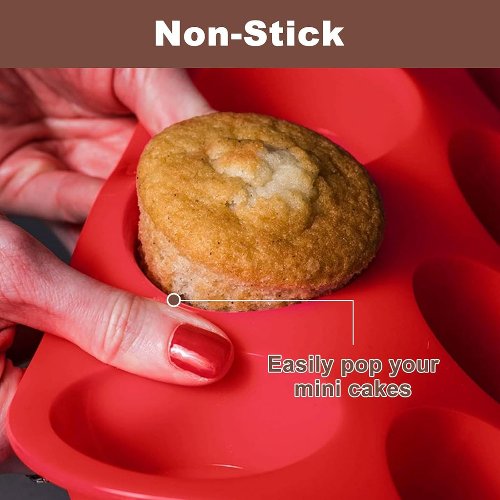 3 PCS Mini Muffin Tray 24 Cups, Silicone Muffins Pan Non-Stick Mini Cupcake Tray Reusable Muffin Baking Tray - 34 x 23 x 2.5cm - Red