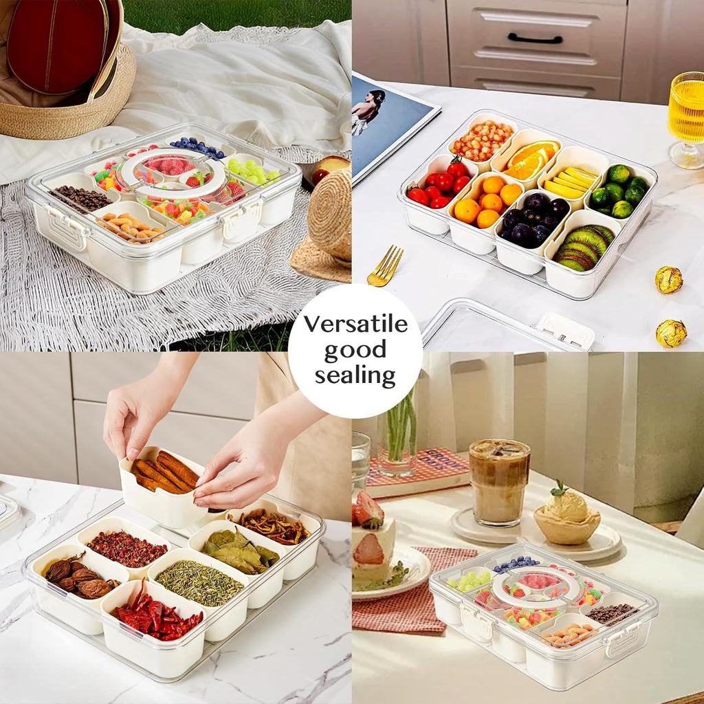1 Pack Snackle Box, Divided Snack Tray with Lid and Handle, Tray 8 Removable Compartment Box, Reusable Snack Boxes for, Spices, Candy, Fruits, Nuts, Chips and Dip