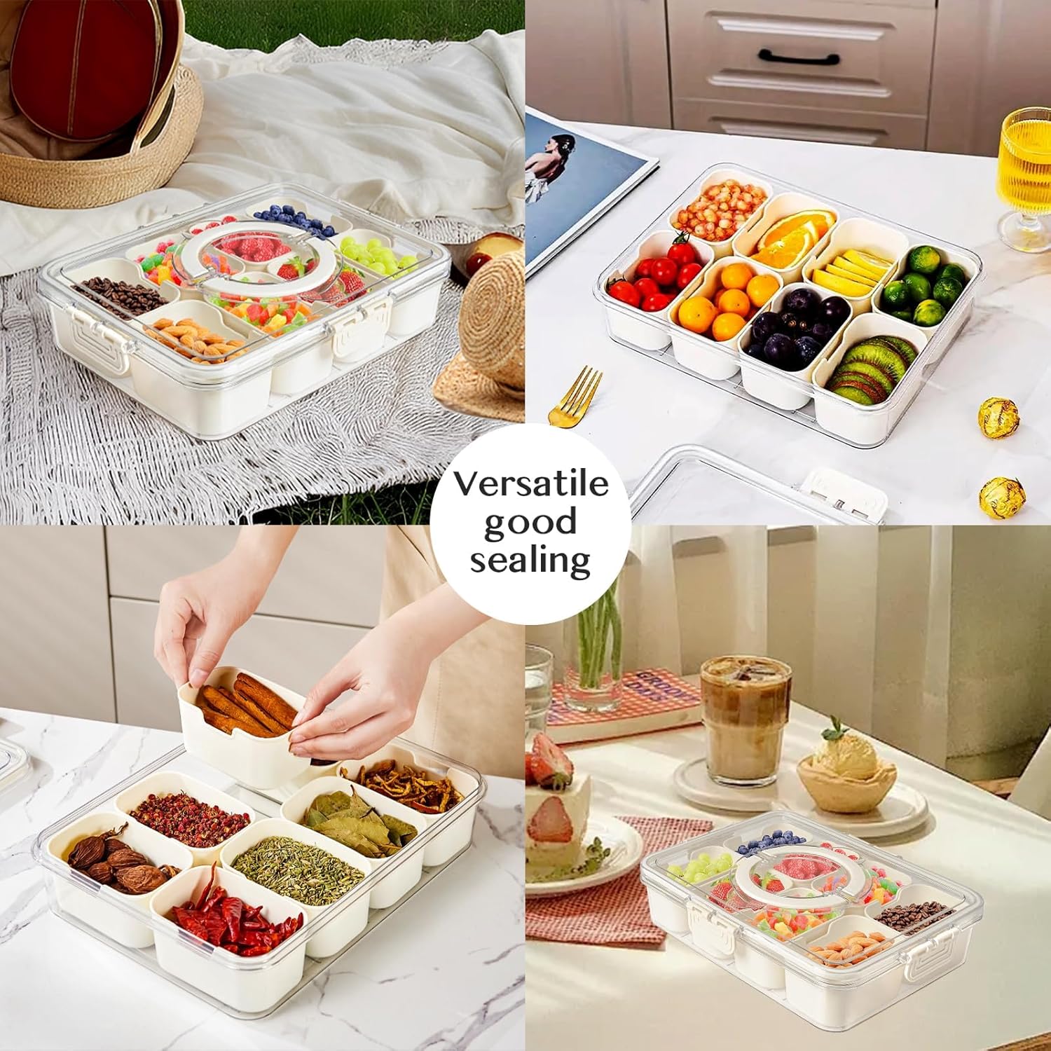 1 Pack Snackle Box, Divided Snack Tray with Lid and Handle, Tray 8 Removable Compartment Box, Reusable Snack Boxes for, Spices, Candy, Fruits, Nuts, Chips and Dip