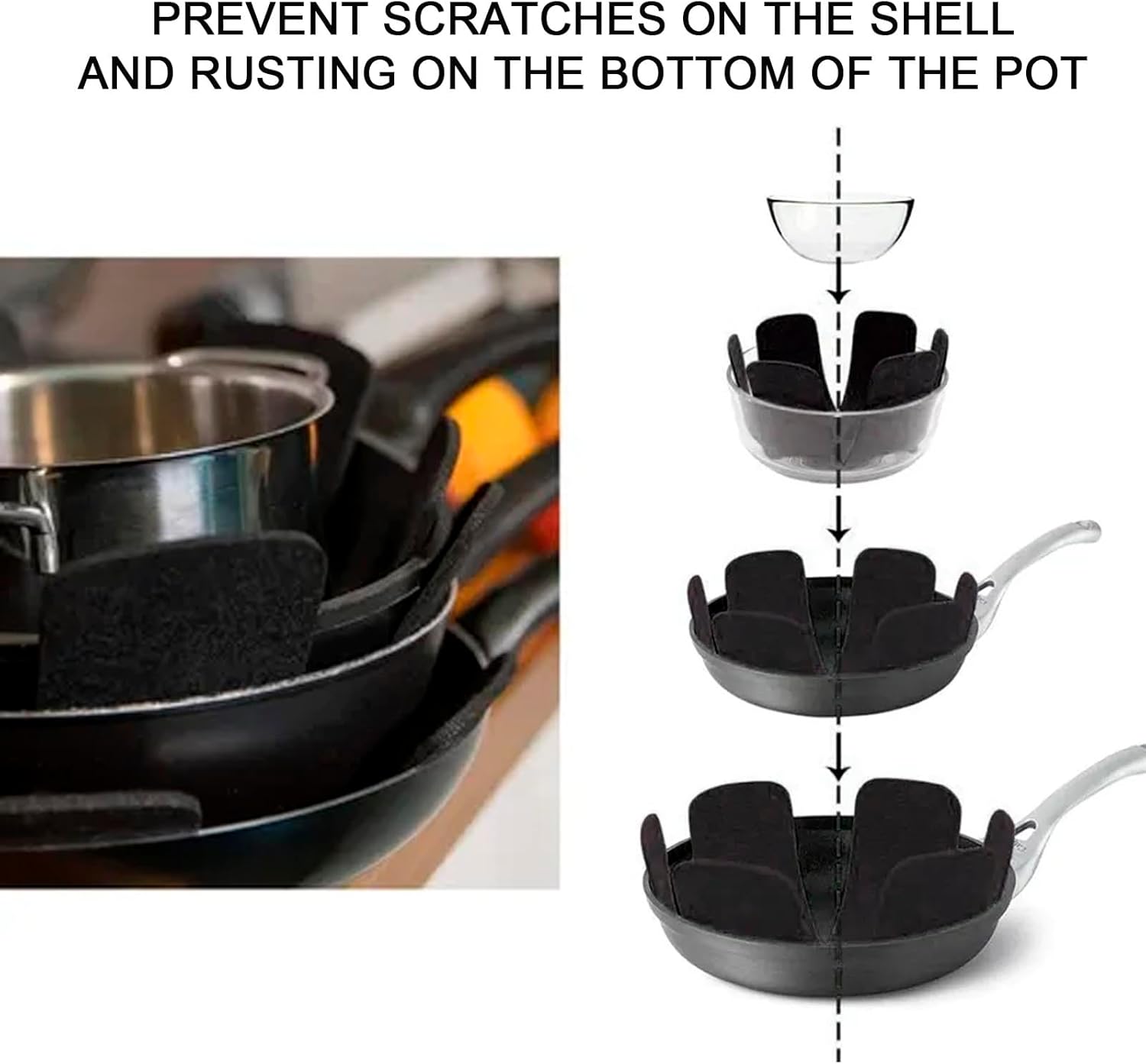 6 Piece Pot Pan Protectors for Stacking, Larger Thicker Saucepan Protectors of 3 Sizes, Adjustable Felt Thermal Insulation Mat, Anti-Skid Reusable Kitchen Accessories
