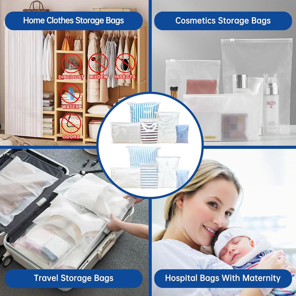 50 Pcs 5 Sizes Zip Lock Bags for Clothes,Maternity Hospital Bag Organiser Pouches,Clear Plastic Reusable Ziplock Bags for Clothes,Travel,Luggage,Shoes,Cosmetics,Frosted and Transparent,No Holes