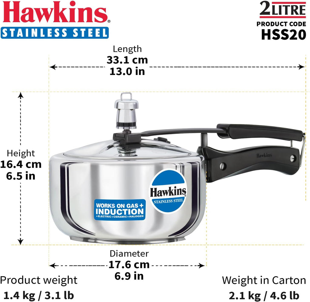 Hawkins Stainless Steel Induction Compatible Pressure Cooker, 2 Litre, Silver (HSS20)