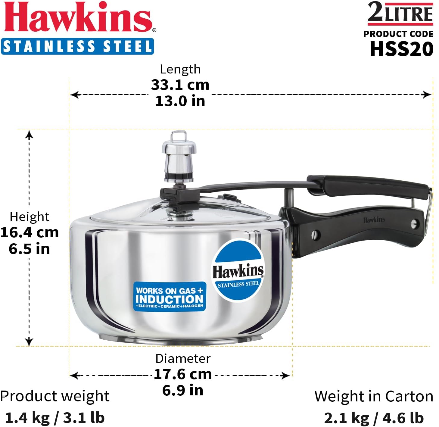 Hawkins Stainless Steel Induction Compatible Pressure Cooker, 2 Litre, Silver (HSS20)