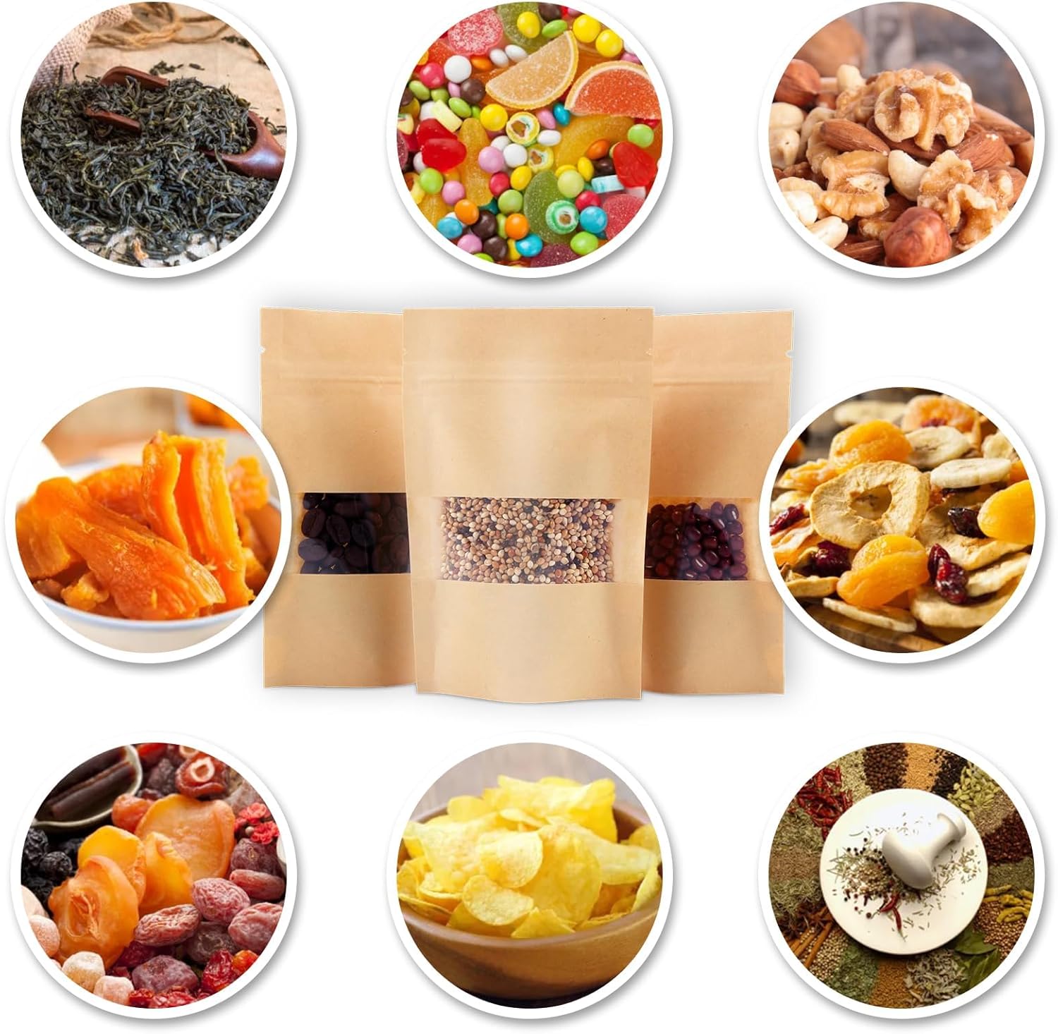 100PCS Kraft Paper Bags With Window 10X15cm Sealable Ziplock Pouches Waterproof for Nut Coffee Beans Tea Leaves Spices Food Storage