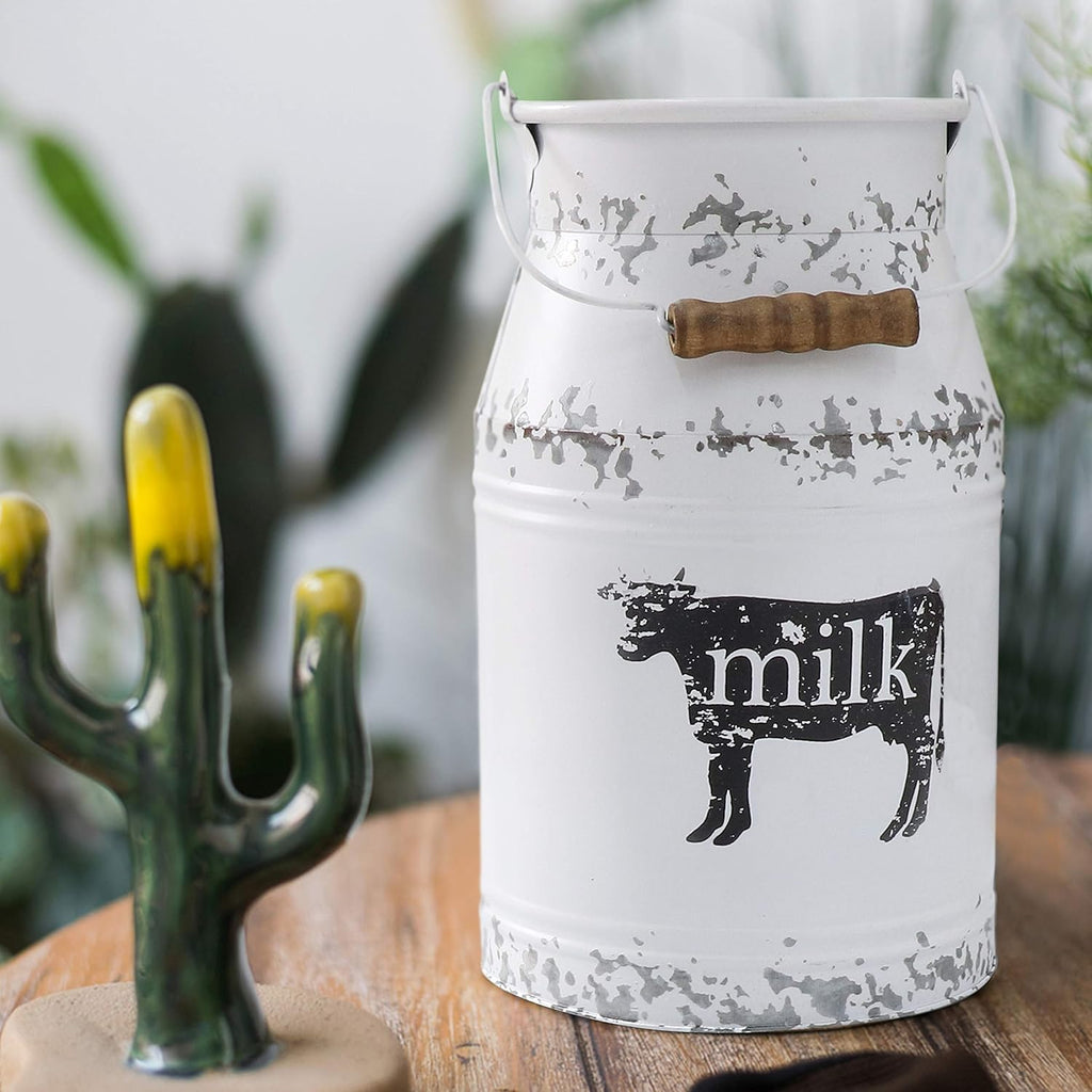 Metal Big Cow Galvanized Milk Can with Wooden Handle, Rustic White Farmhouse Vase Planter, Primitive Decorative Flower Holder for Home Wedding Table Centerpiece Decor Large - 11"