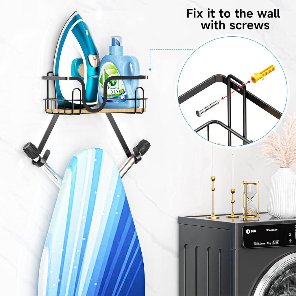 Wall Mount/Over The Door Ironing Board Hanger with Large Storage Basket & Removable Hooks, Iron and Ironing Board Holder Storage for Laundry Room (Black)