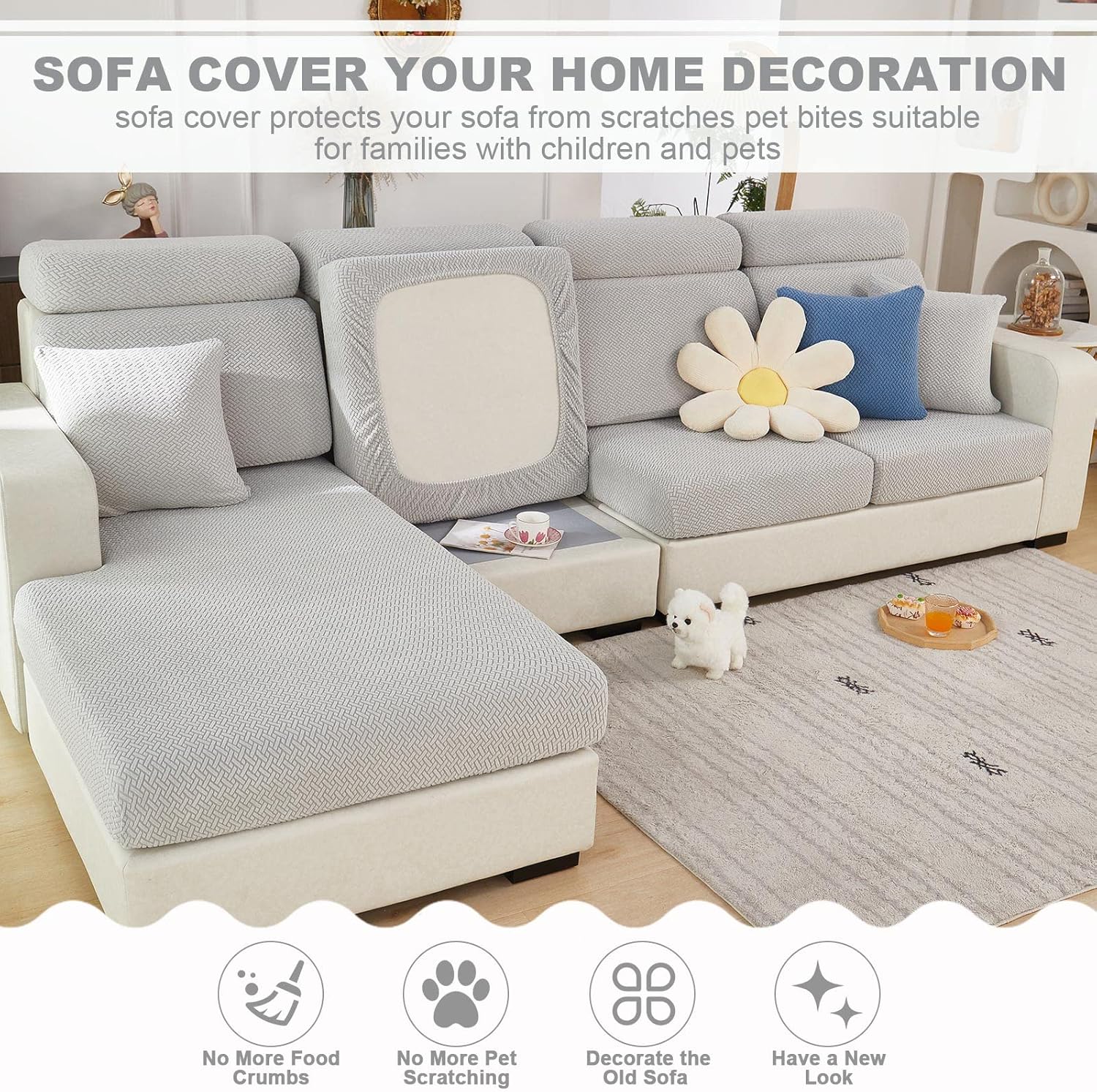 Super Stretch Sofa Cover 1 2 3 4 Seater L Shape, WearResistant Spandex Corner Sofa Cover Non Slip Sofa Slipcovers with Elastic Bottom, Great for Kids & Pets (Weave Light Grey, Backrest Cover) Secondary image