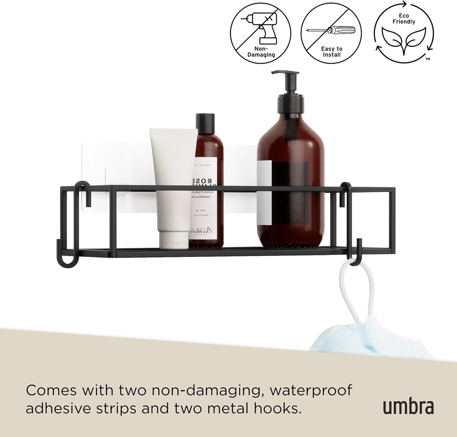 Cubiko Shower Shelf, Metal Floating Shelves with Adhesive Mounting Strips, 2-Pack, Black