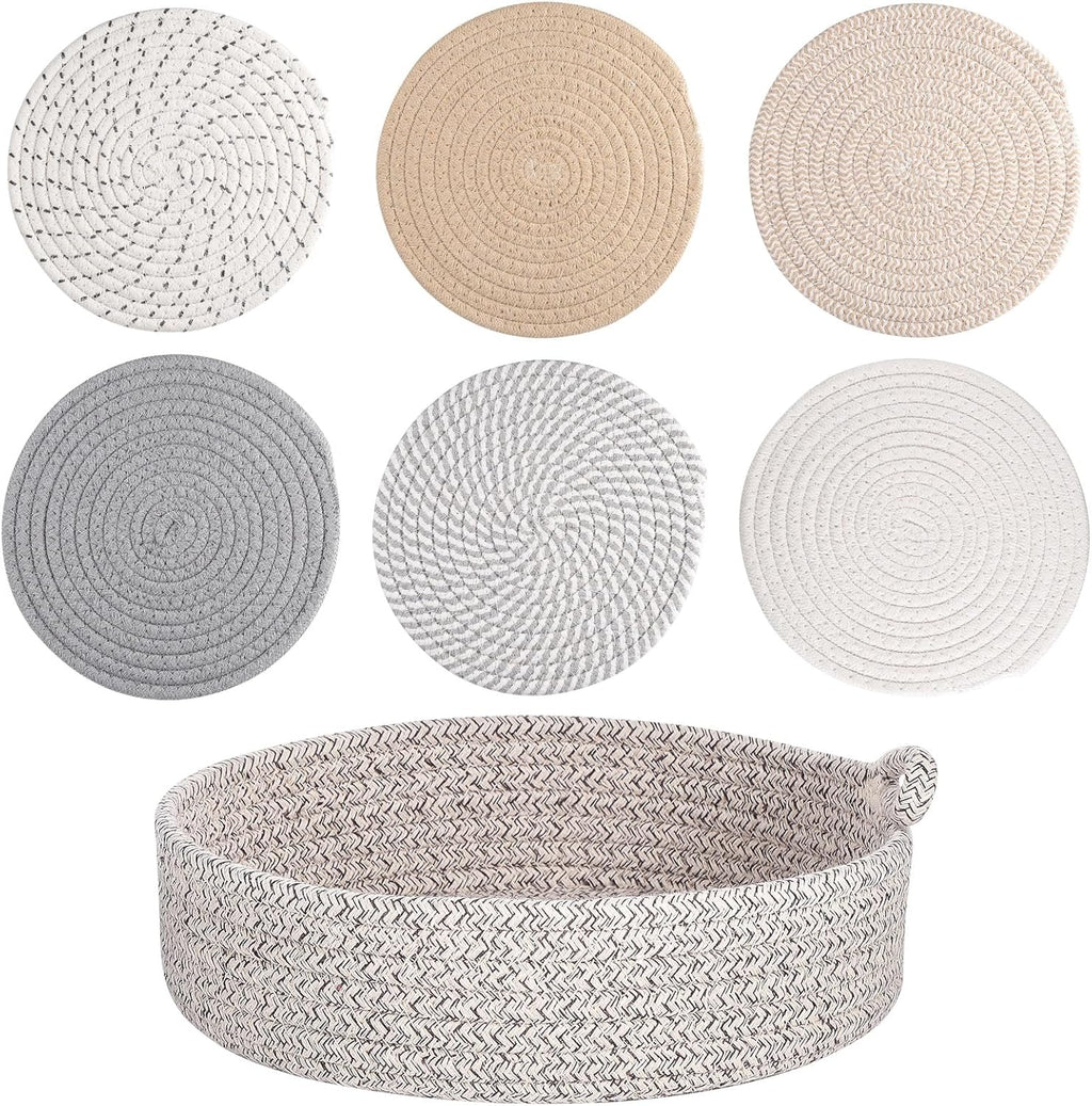 Kyrio Round Placemats, Trivets Mats Hotplate Mats, Heat Resistant Mat, for Kitchen, Restaurant,Dining Table, with storage basket(6PCS)