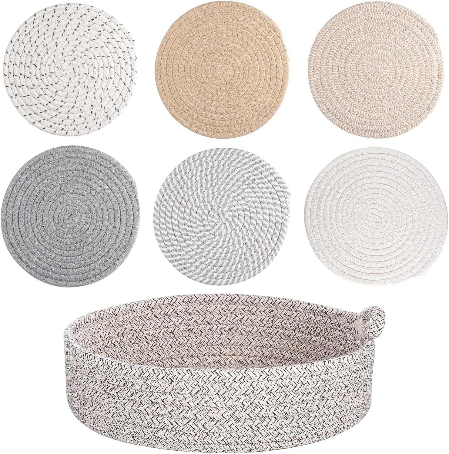 Kyrio Round Placemats, Trivets Mats Hotplate Mats, Heat Resistant Mat, for Kitchen, Restaurant,Dining Table, with storage basket(6PCS)