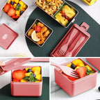 Jsdoin Bento Lunch Box Stackable,1400ml Containers with 3 Removable Compartments and Cutlery, Leak Proof 2 Layer Boxes, for Adults Kids Office Microwave Dishwasher Safe Available(pink)