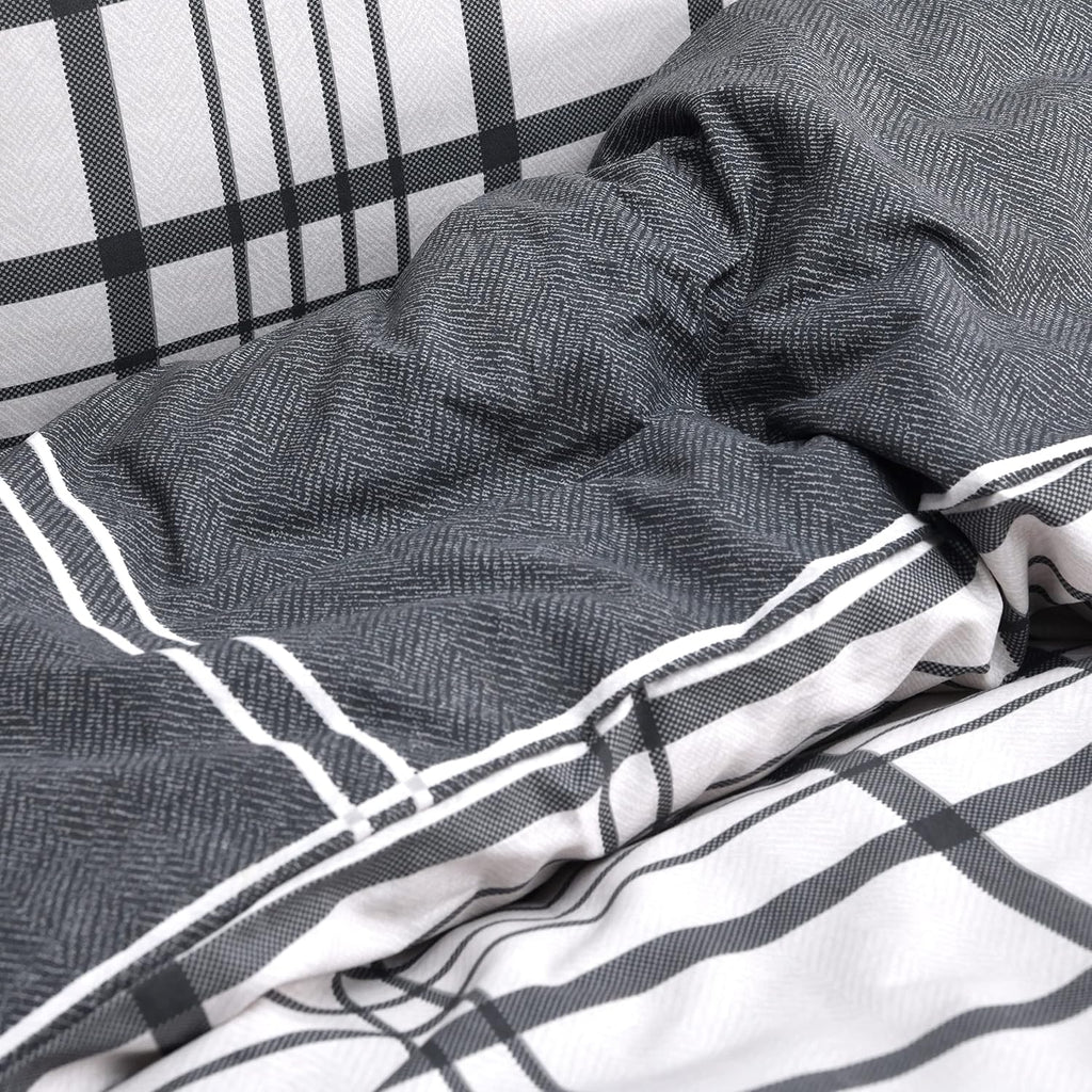 Sleepdown 100% Pure Cotton Check Natural Black Reversible Duvet Cover Quilt Pillow Cases Bedding Set Soft Easy Care - Double (200cm x 200cm)
