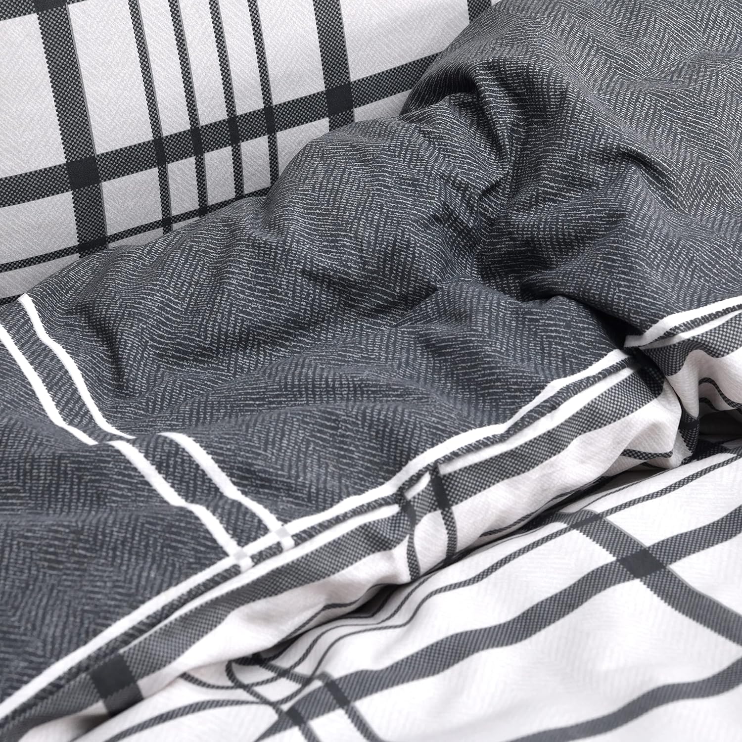 Sleepdown 100% Pure Cotton Check Natural Black Reversible Duvet Cover Quilt Pillow Cases Bedding Set Soft Easy Care - Double (200cm x 200cm)