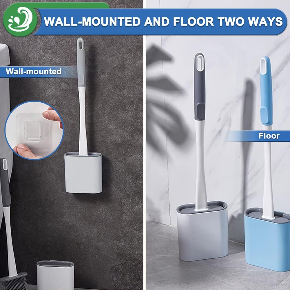 Silicone Toilet Brush with Quick Drying Holder Set -2Pack, Bathroom Toilet Brushes Set with No-Slip Silicone Handle & Anti-drip Base (Flooring/Wall Mounted) -White