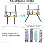 Wall Mount/Over The Door Ironing Board Hanger with Large Storage Basket & Removable Hooks, Iron and Ironing Board Holder Storage for Laundry Room (Black)