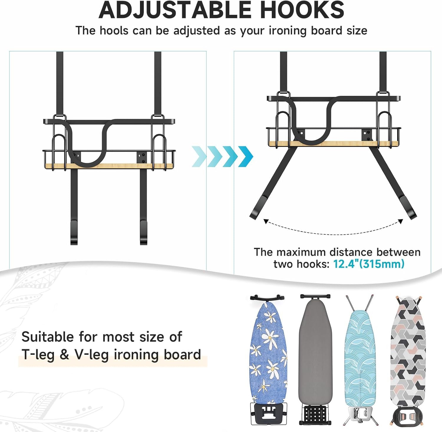 Wall Mount/Over The Door Ironing Board Hanger with Large Storage Basket & Removable Hooks, Iron and Ironing Board Holder Storage for Laundry Room (Black)