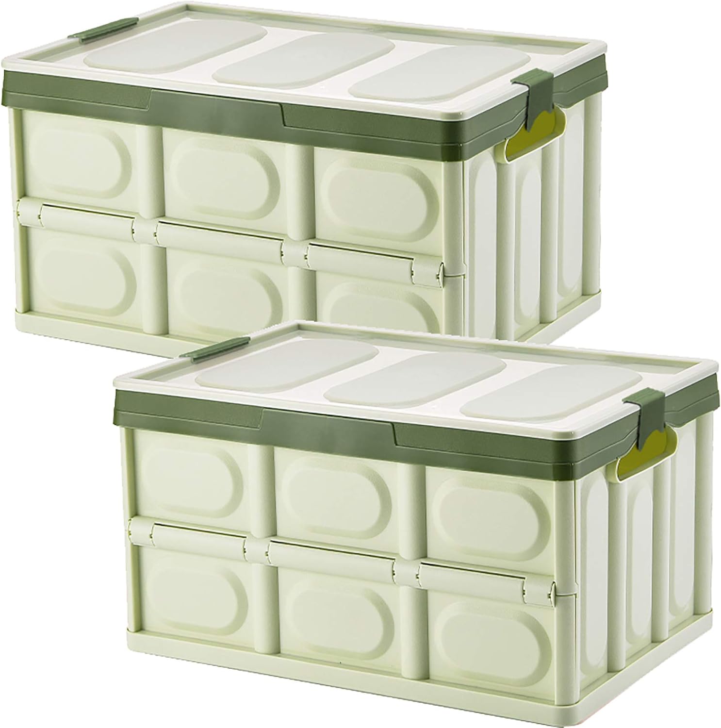 Collapsible Storage Bins 2 Pack 30L - Lidded Plastic Tote Container with Stackable Folding Utility Crate for Clothes, Toys, Books, Snacks, Shoes, Grocery - Green Main image