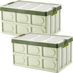 Collapsible Storage Bins 2 Pack 30L - Lidded Plastic Tote Container with Stackable Folding Utility Crate for Clothes, Toys, Books, Snacks, Shoes, Grocery - Green