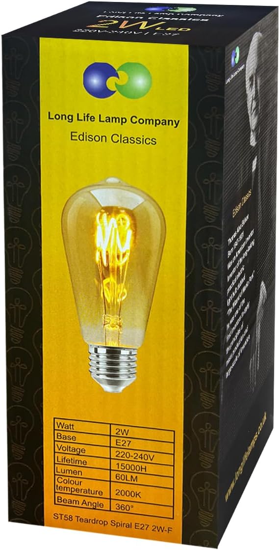Long Life Lamp Company Edison Classics 2w Vintage LED Filament Bulb Teardrop Spiral ST58 Smoke Gold Glass E27 Edison Screw