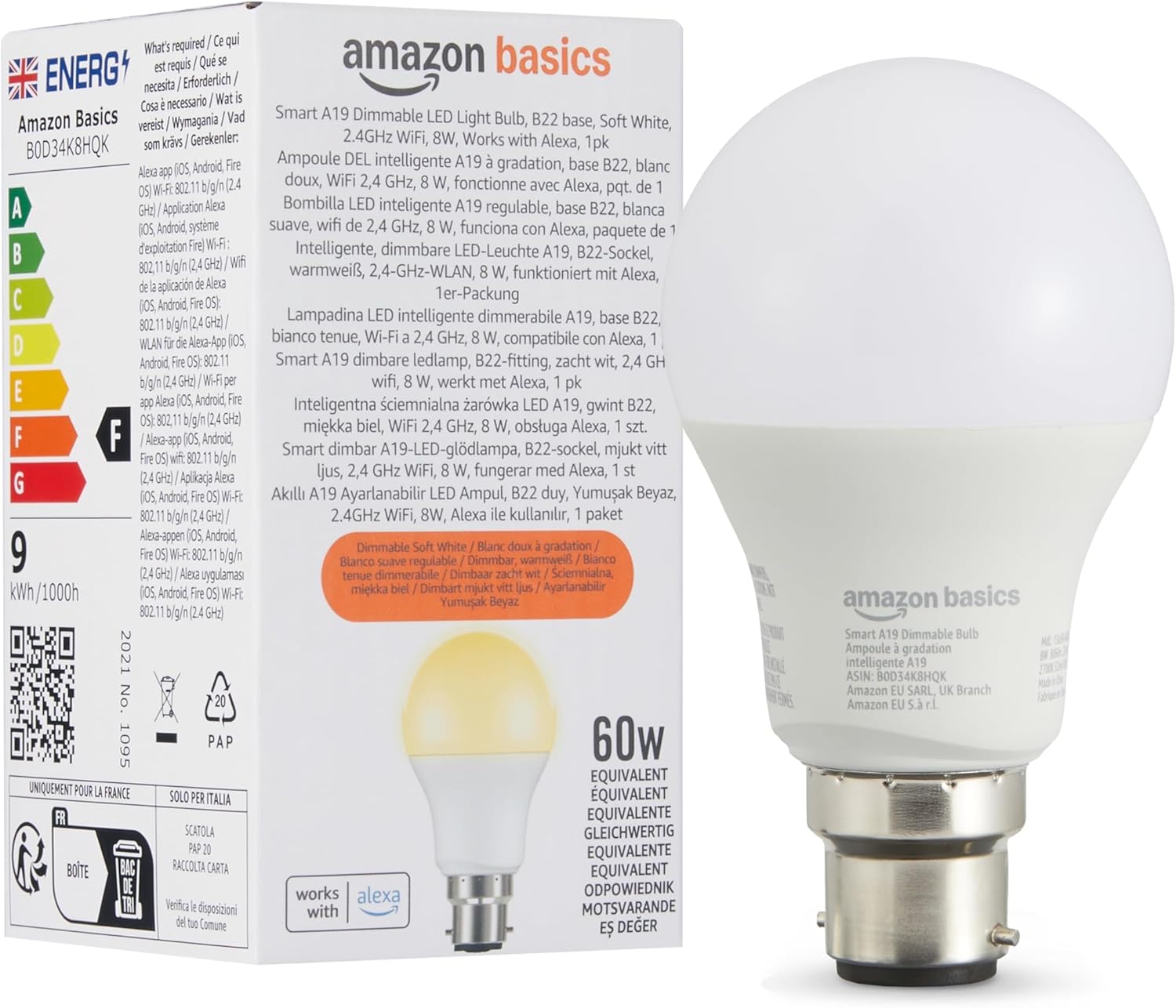 Smart Dimmable LED Light Bulb, B22 Base, Soft White, 8W (60W Equivalent), Works with Alexa Only, 1 Pack Main image