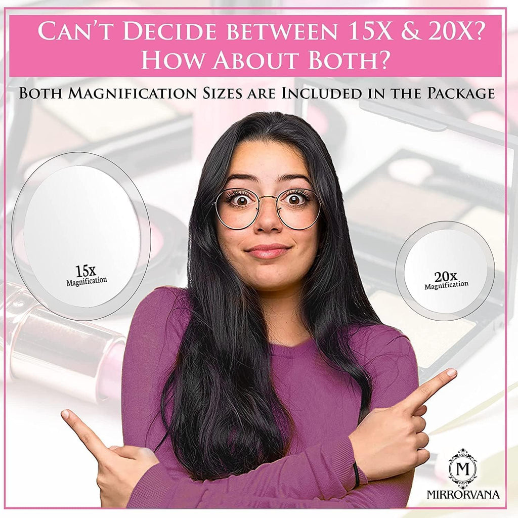 20X & 15X Magnifying Mirror Combo Set with 3 Stick On Suction Cups For Makeup and Tweezing Eyebrows - Compact Handheld Design & Travel Ready - Extremely Strong X20 Zoom - 15cm & Small 10cm Diameter