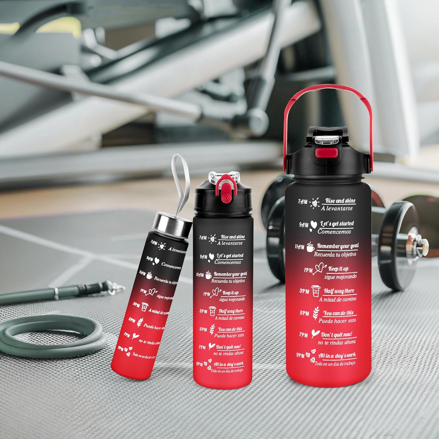 3 Pack Water Bottle BPA Free ,2L/800ML/300ML Sport Water Bottles with Straw & Brush,Motivational Time Markings, Leak-Proof, 2 Liters Gym Drinks Bottle for Adults Women, Running,Cycling -Black Red