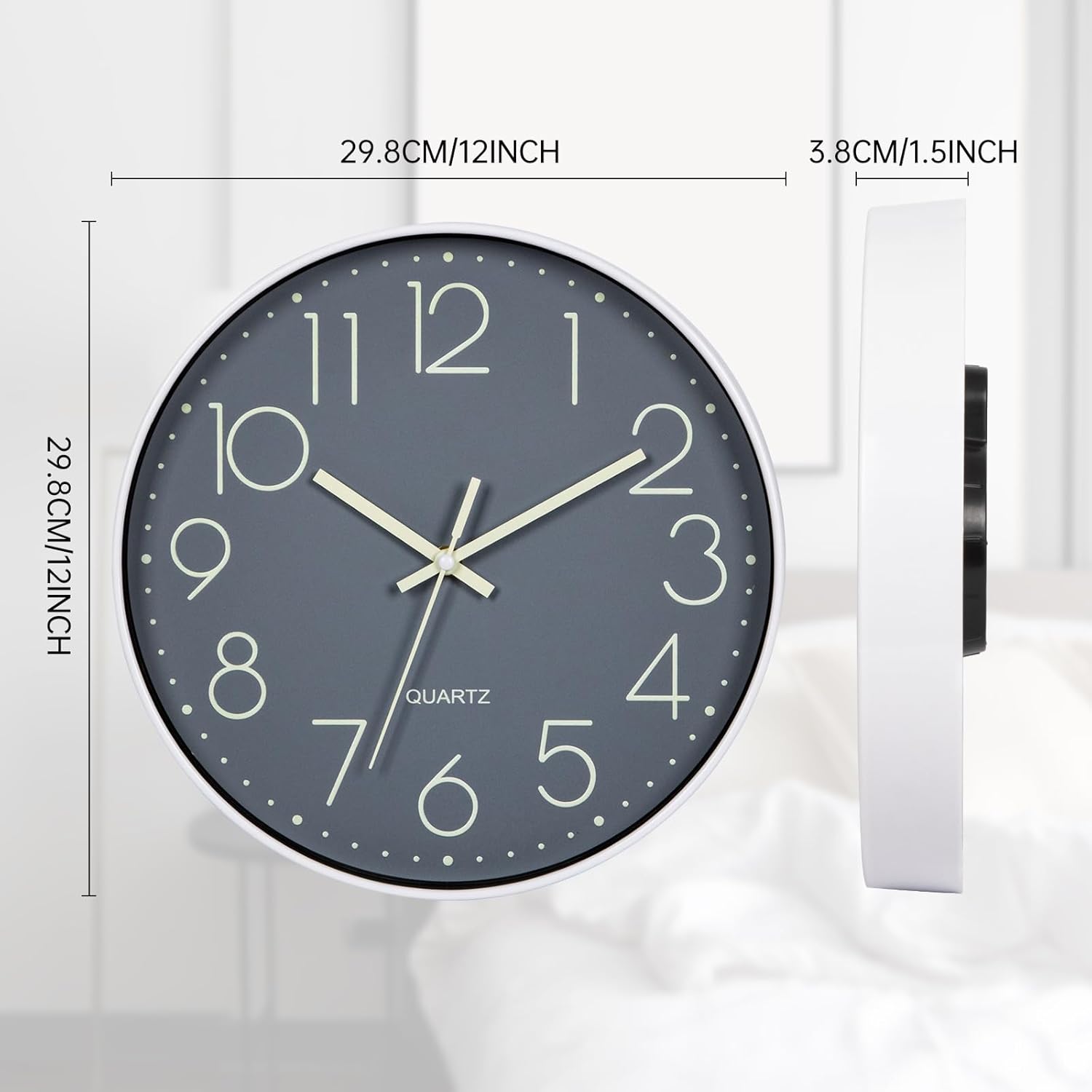 Luminous Wall Clock Bedroom Clock Non Ticking Silent Wall Clock Modern for Living Room Kitchen Office Bathroom Battery Operated Grey Glow in the Dark
