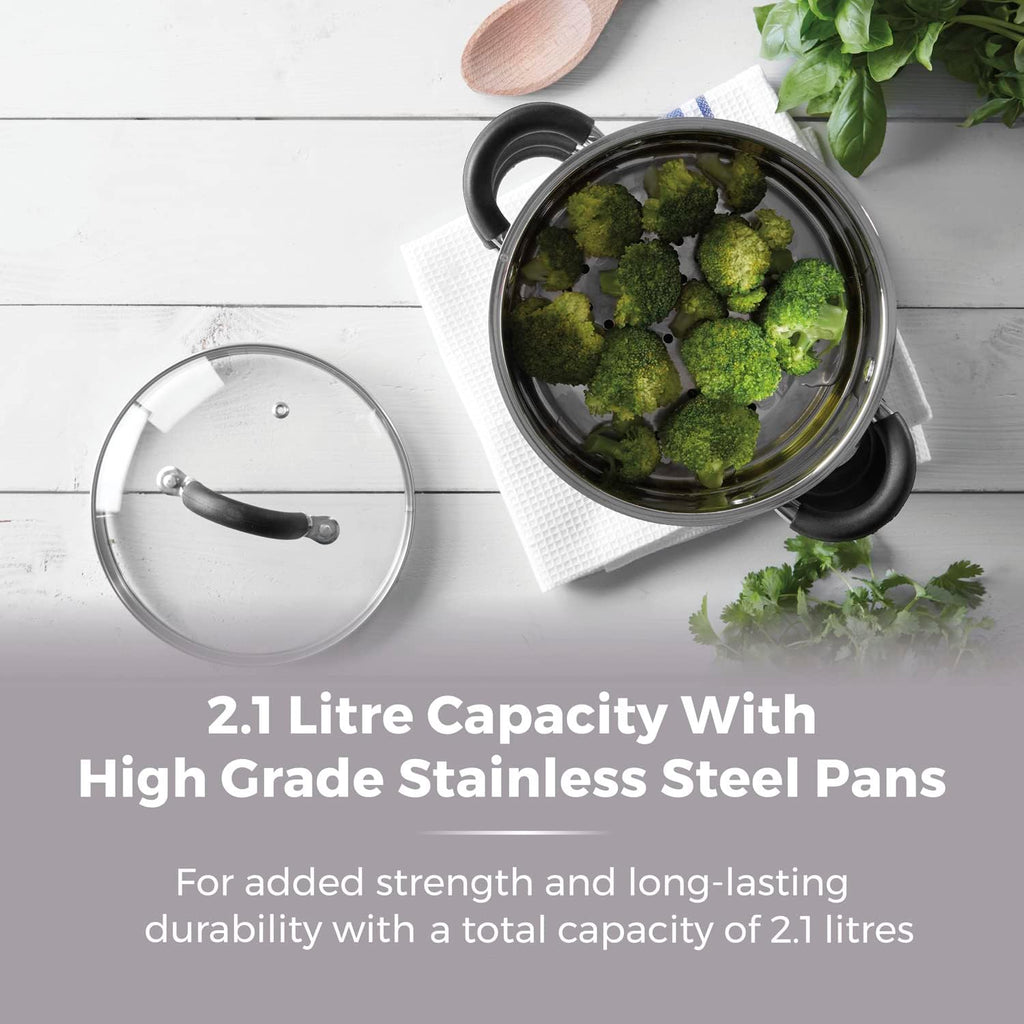 T80836 3-Tier Steamer with Encapsulated Base and Tempered Glass Lid with Steam Release Vent, Induction Compatible, Stainless Steel, Silver
