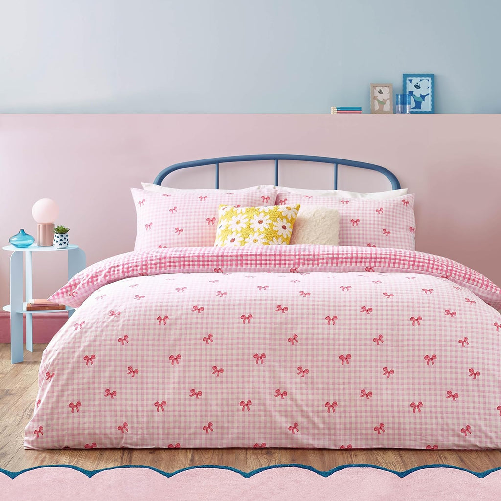 Heya Home Gingham Bows Bedding – Classic Gingham with Playful Bows Duvet Cover Set (Pink – Double)