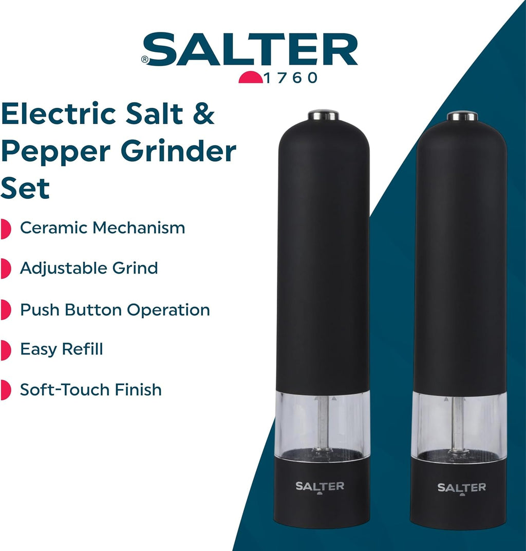 7524 BKXR Electric Salt & Pepper Grinder Set - Matt Black Soft-Touch, Push Button Operation, Battery Powered, Ceramic Mechanism, Adjustable Fine to Coarse Grind, 66g Sea Salt/30g Peppercorns