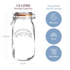 Clip Top Jar 1.5 Litre (1500 ml) Airtight Glass Storage Jar for Preserving Fruits Vegetables Coffee Tea Rice Flour Nuts Pasta