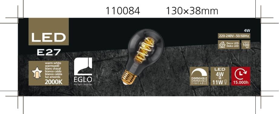 Dimmable E27 LED globe, vintage spiral filament light bulb, Edison lamp for retro lighting, 4 watt, 100 lumen, warm white glow, black transparent, 2000k, G80, Ø 3"