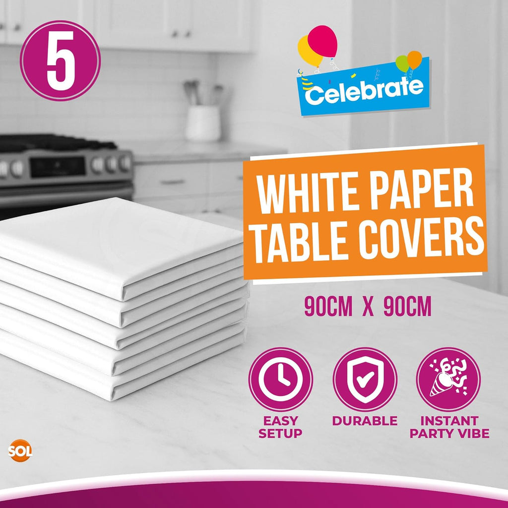 5pk White Paper Table Covers 90x90cm Tablecloths for Parties Cover Disposable - Thick Absorbent Design - Easy Clean Up for Weddings, Craft Activities, Kids’ Meals, Village Halls & Family Events